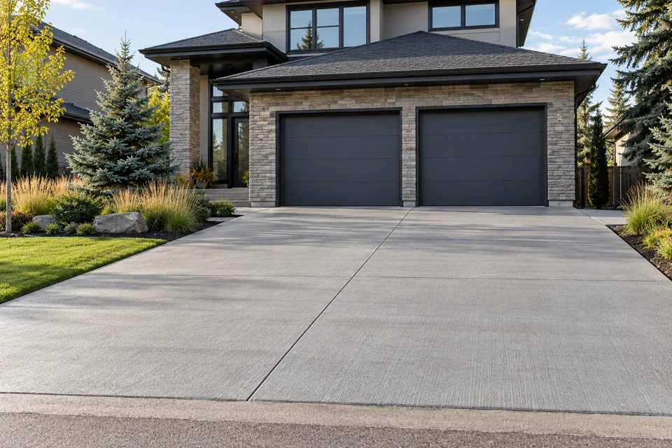 Illustrative grey broom-finished residential driveway design